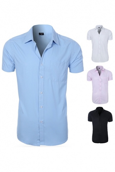 Fancy Shirt Plain Turn-down Collar Short Sleeve Regular Fitted Button Up Shirt for Men