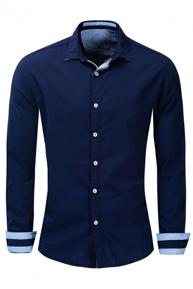 Men Simple Shirt Contrast Trim Turn-down Collar Slimming Long Sleeve Button Closure Shirt