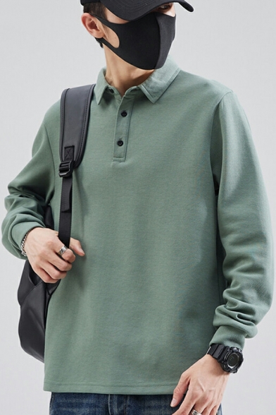Men Urban Polo Shirt Plain Button Turn-down Collar Fitted Long Sleeves Polo Shirt