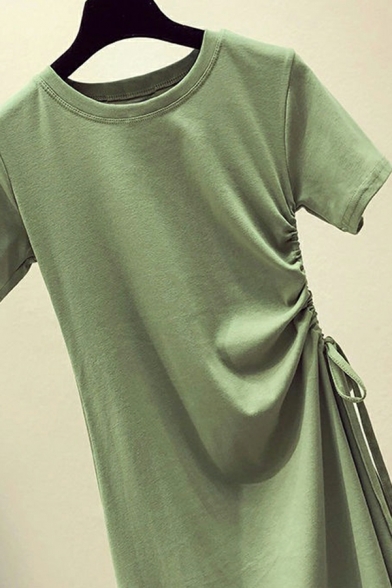 Retro Girls Dress Pure Color Ruched Design Short Sleeves Regular Midi T-shirt Dress