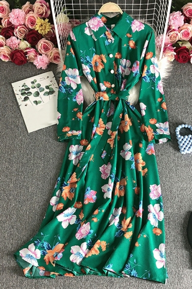 Urban Girls Dress Floral Printed Spread Collar Long Sleeve Belt Design Maxi A-Line Dress