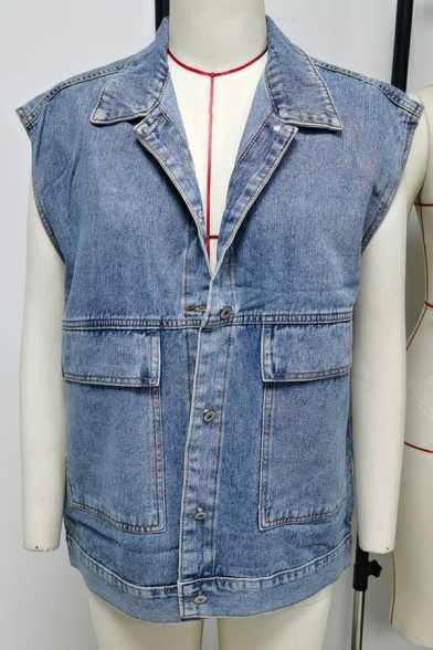 Basic Vest Pure Color Spread Collar Pocket Decoration Button Closure Denim Vest for Women