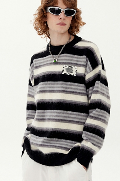Edgy Sweater Stripe Print Rib Hem Baggy Round Neck Long Sleeve Pullover Sweater for Guys