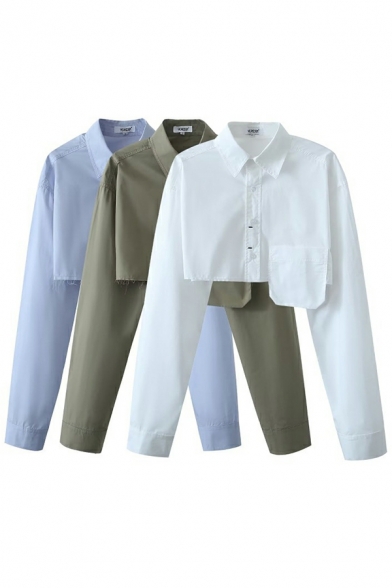 Edgy Women Shirt Solid Regular Fit Turn-down Collar Long Sleeves Button Fly Crop Shirt