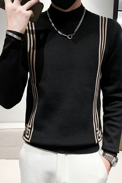 Fashion Knitted Sweater Men's Slim Long Sleeve Stand Collar Striped Black Pullover Sweater