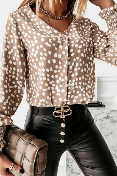 Fashionable Shirt Polka Dot Pattern Long Sleeves V-neck Slim Button-up Shirt for Ladies
