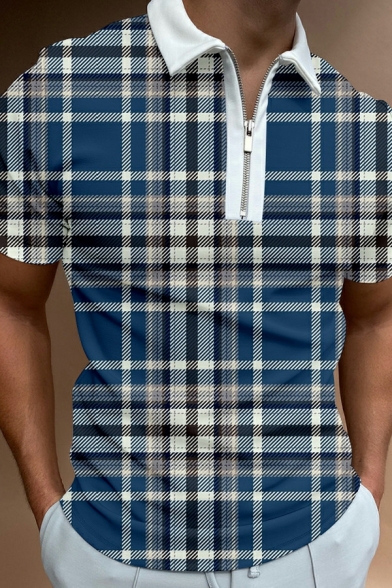 Men Novelty Polo Shirt 3D Print Zip Detailed Short Sleeve Turn-down Collar Slim Polo Shirt