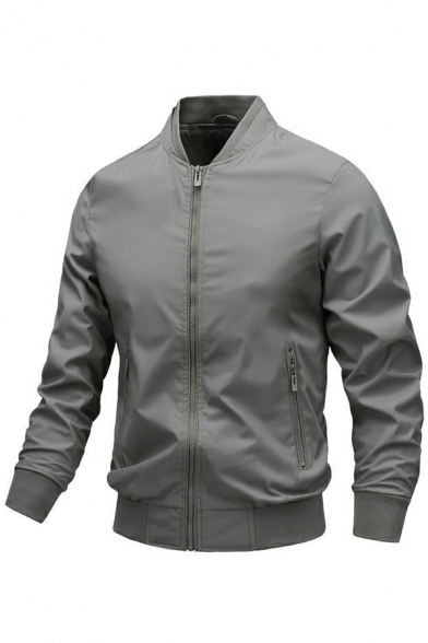 Simple Jacket Solid Color Pocket Regular Long-Sleeved Stand Collar Baseball Jacket for Men