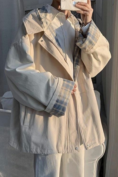Stylish Jacket Plaid Print Pocket Long Sleeves Hooded Baggy Zip Closure Jacket for Ladies