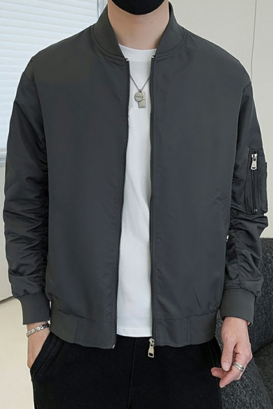 Cool Guy's Jacket Solid Color Long Sleeve Regular Zip Placket Stand Collar Baseball Jacket