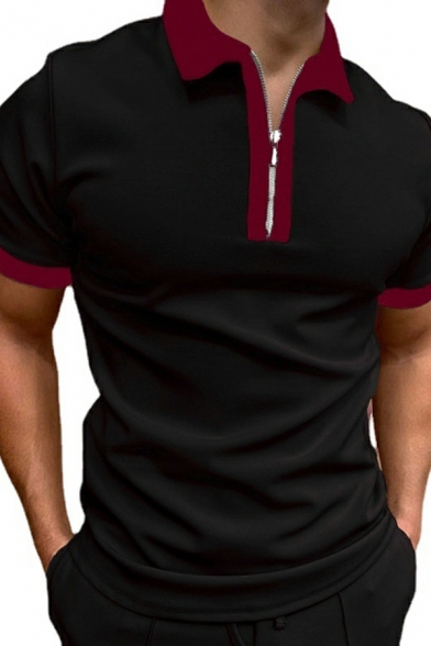 Cool Men Polo Shirt Contrast Color Zip Detail Short Sleeve Slimming Spread Neck Polo Shirt