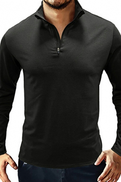 Fashionable Men Polo Shirt Pure Color Zip Down Stand Collar Long Sleeve Slim Polo Shirt