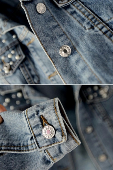 Girls Cozy Jacket Solid Pocket Long Sleeve Notched Collar Button up Beading Denim Jacket