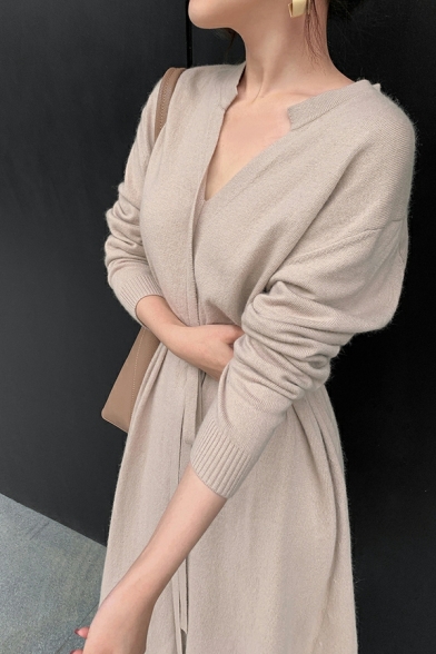 Ladies Popular Dress V Neck Split Front Plain Long-sleeved Belt Fitted Midi Sweater Dress
