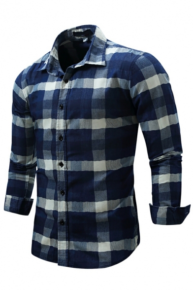 Modern Boy's Shirt Plaid Printed Spread Collar Long Sleeve Button Closure Skinny Shirt