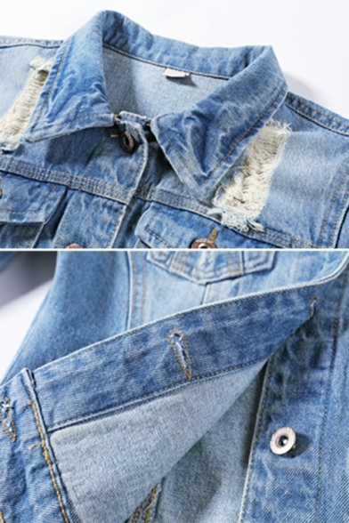 Modern Ladies Jacket Solid Chest Pocket Long Sleeve Distressed Spread Collar Denim Jacket