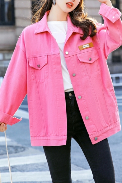 Pop Jacket Pure Color Chest Pocket Long Sleeve Spread Collar Button Fly Jacket for Women