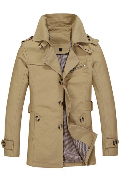 Unique Coat Pure Color Lapel Collar Long Sleeve Fitted Single-Breast Trench Coat for Guys