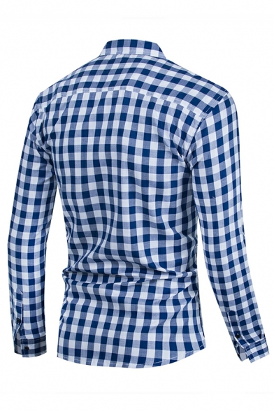 Vintage Shirt Checked Print Turn-down Collar Slim Long Sleeve Button Down Shirt for Guys