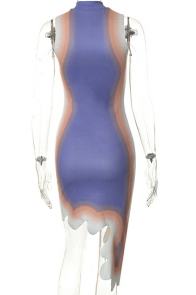 Chic Women's Dress Contrast Color Round Collar Sleeveless Mini Length Asymmetrical Dress