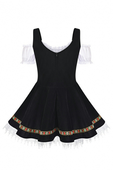 Ladies Fashion Dress Color Block Lace off The Shoulder Short Sleeve Zip Mini A-Line Dress