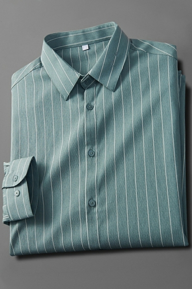 Retro Button Shirt Striped Pattern Point Collar Long Sleeve Regular Button Shirt for Men