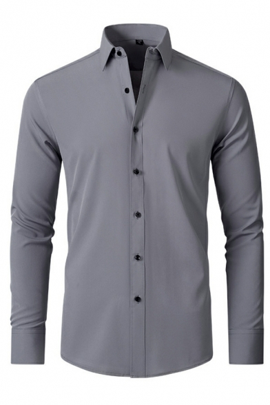 Stylish Guy's Pure Color Shirt Turn-down Collar Long-Sleeved Skinny Button Front Shirt