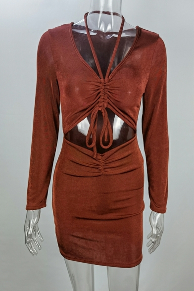 Fancy Dress Plain V-neck Drawstring Long Sleeve Hollow Mini Sheath Dress for Ladies