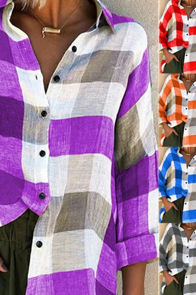Girls Classic Shirt Checked Pattern Turn-down Collar Long-Sleeved Button Fly Regular Shirt