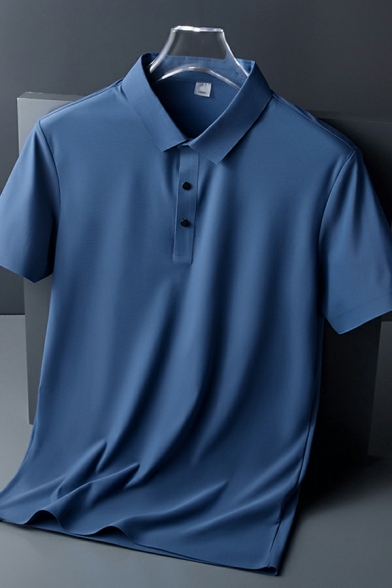 Guy's Chic Polo Shirt Whole Colored Button-up Point Collar Short Sleeved Fitted Polo Shirt