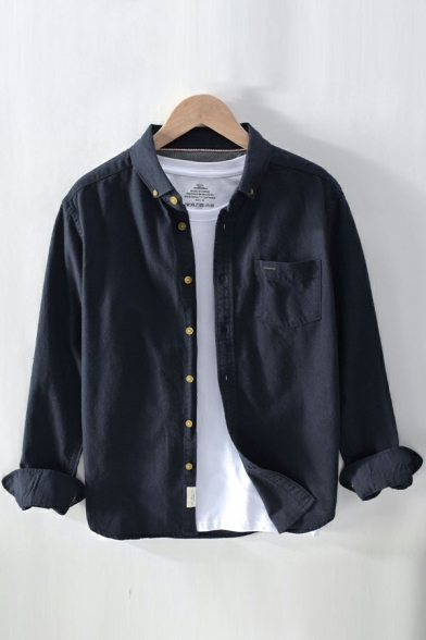 Guy's Street Style Shirt Solid Chest Pocket Button-down Long-sleeved Spread Collar Shirt