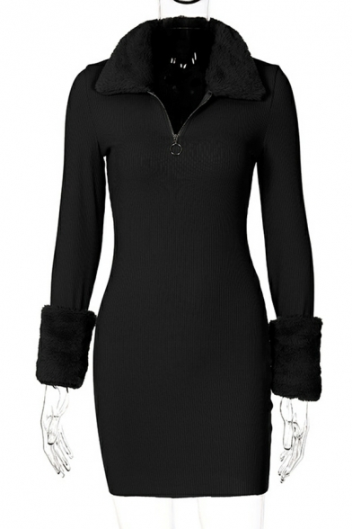 Hot Dress Whole Colored Long Sleeve V Neck Brushed Zip Detail Mini Knit Dress for Women