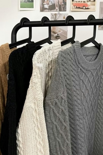 Loose Knitted Sweater Men's Long Sleeve Round Neck Solid Color Rhombus Pullover Sweater