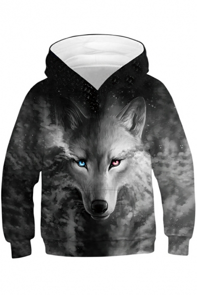 Popular Mens Hoodie 3D Wolf Print Hooded Pocket Long Sleeves Relaxed Hoodie