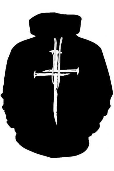 Street Style Mens Hoodie Cross Print Long Sleeves Loose Fit Hooded Drawcord Hoodie