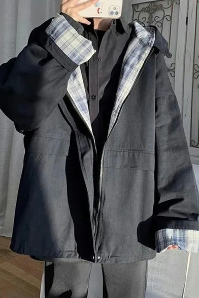 Stylish Jacket Plaid Print Pocket Long Sleeves Hooded Baggy Zip Closure Jacket for Ladies