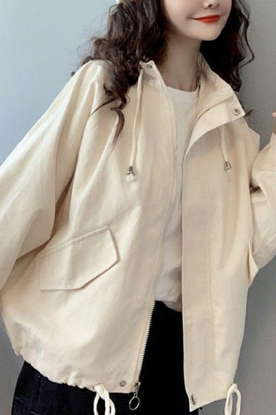 Women Street Style Jacket Plain Drawstring Long Sleeve Hooded Relaxed Zip Placket Jacket