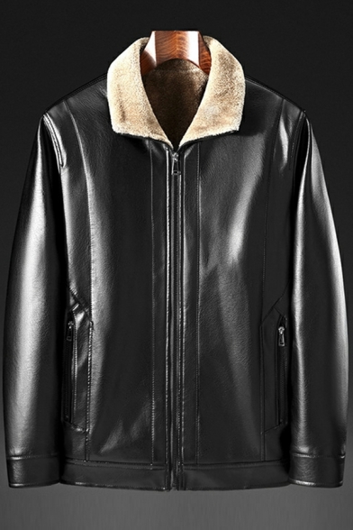 Elegant Guy's Jacket Whole Colored Pocket Spread Fleece Collar Zip Fly Leather Fur Jacket