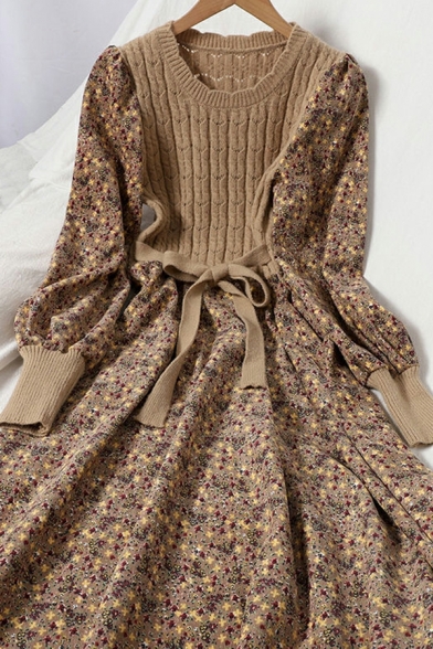 Ladies Popular Dress Crew Neck Floral Printed Long-sleeved Belt Designed Midi A-Line Dress