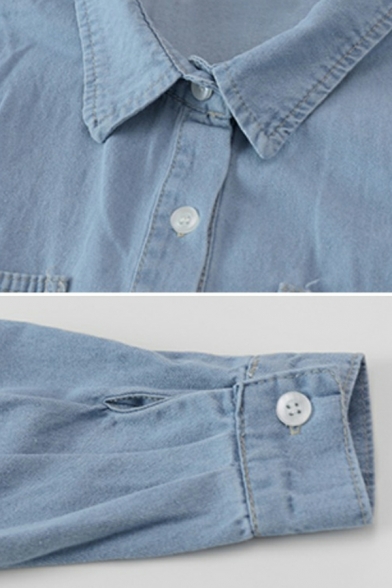Simple Ladies Jacket Pure Color Spread Collar Long Sleeve Chest Pocket Button Denim Jacket