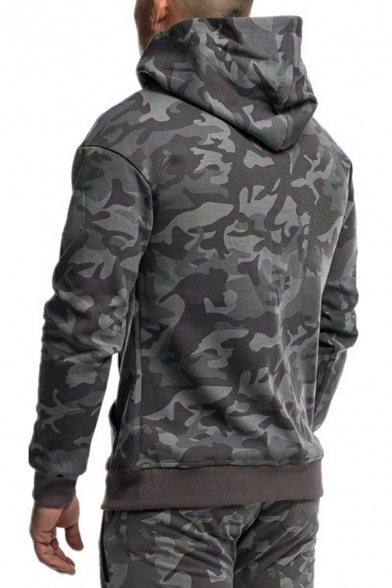 Trendy Guys Hoodie Camouflage Print Hooded Long Sleeves Slim Fit Pocket Design Hoodie