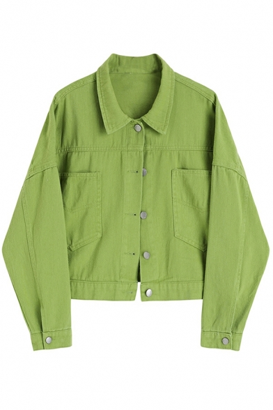 Trendy Women Jacket Plain Point Collar Long Sleeve Button Closure Oversized Denim Jacket