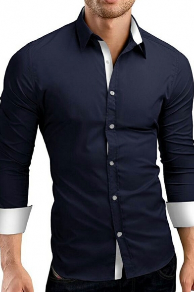 Edgy Mens Shirt Contrast Trim Turn-down Collar Slim Long Sleeve Button Fly Shirt
