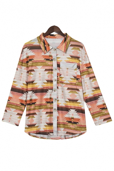 Edgy Women Shirt Christmas Print Spread Collar Long Sleeves Chest Pocket Button Fly Shirt