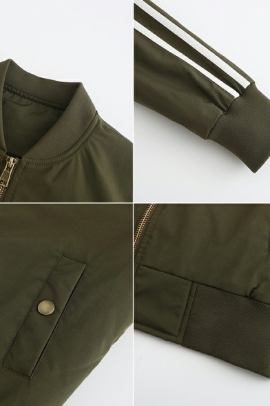 Girlish Ladies Jacket Striped Print Pocket Long Sleeve Regular Zip-up Stand Collar Jacket