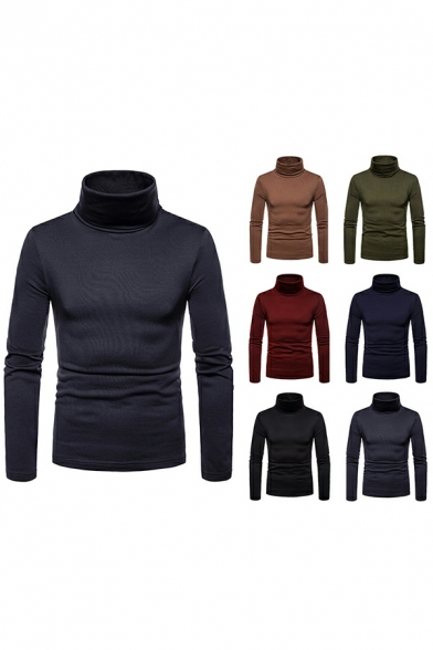 Guy's Popular Knitted Sweater Solid Long Sleeve High Collar Slim Fitted Pullover Sweater