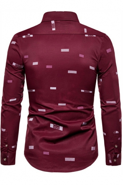Leisure Men's Shirt Geometric Pattern Button up Turn-down Collar Long-sleeved Slim Shirt