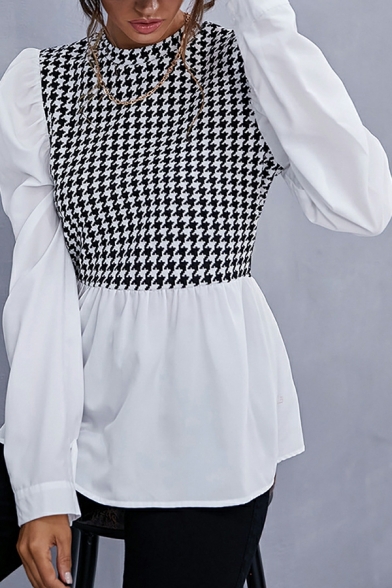 Street Look Blouses Houndstooth Printed Crew Collar Long Sleeve Ruffles Blouses for Ladies