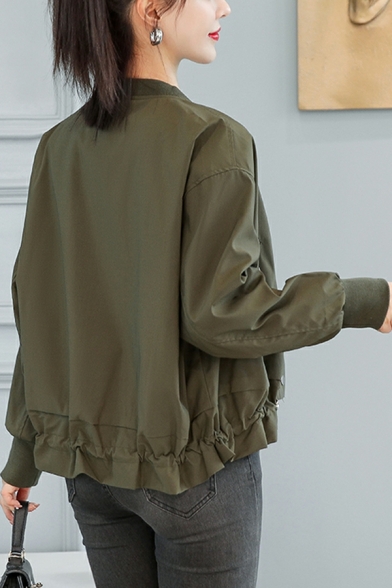 Trendy Women Jacket Solid Color Pocket Long Sleeve Stand Collar Regular Zip Closure Jacket