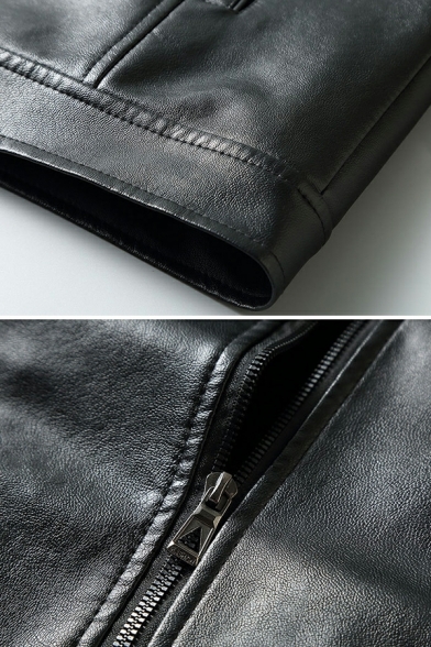 Urban Mens Jacket Solid Pocket Fleece Spread Collar Regular Zip Closure Leather Fur Jacket